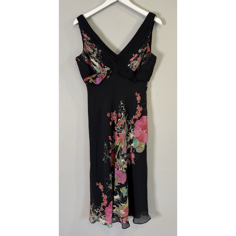 Black Silk Floral Beaded Chiffon Midi Dress Romantic Whimsigoth Fairycore 10